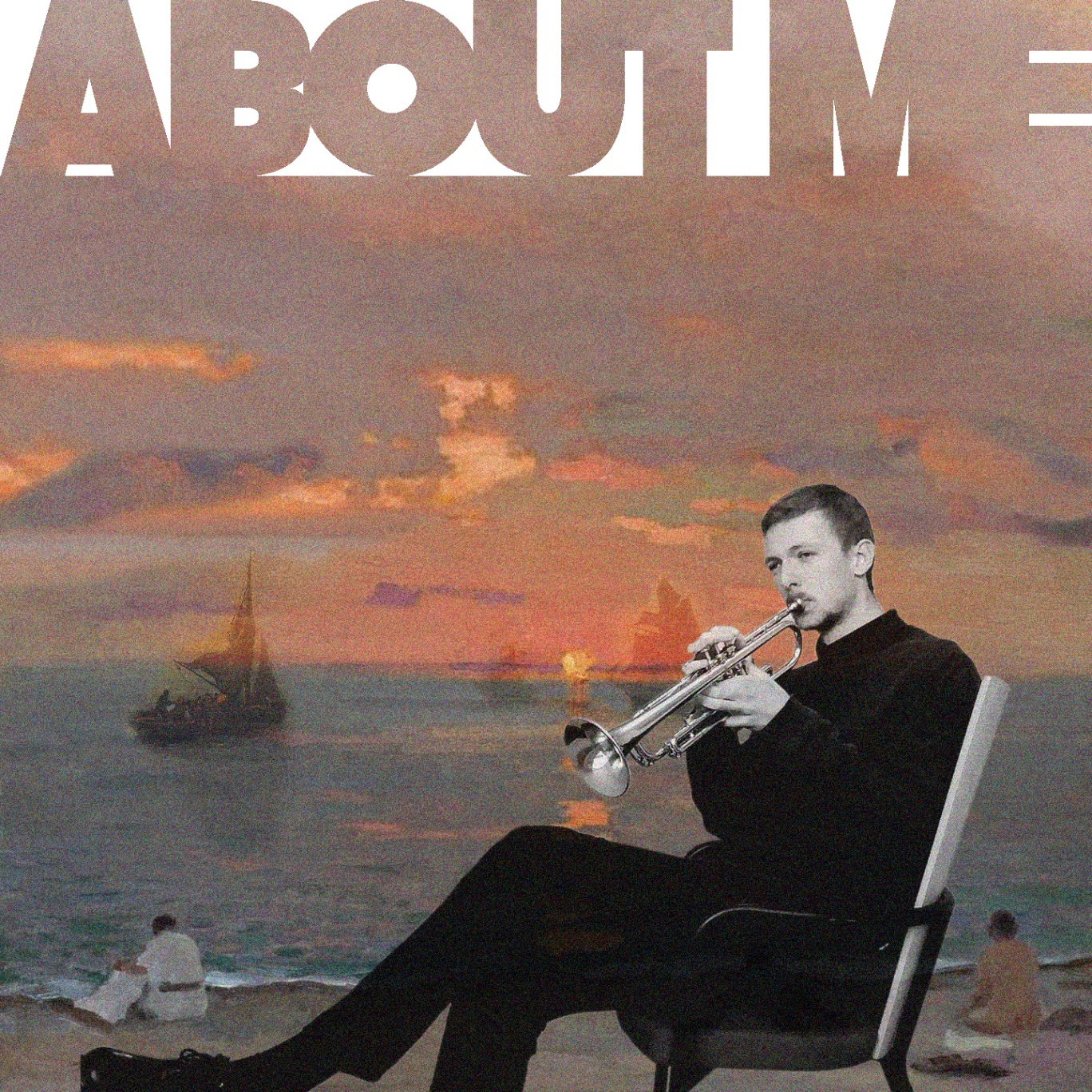 Johan Björck playing trumpet against a sunset seascape painting