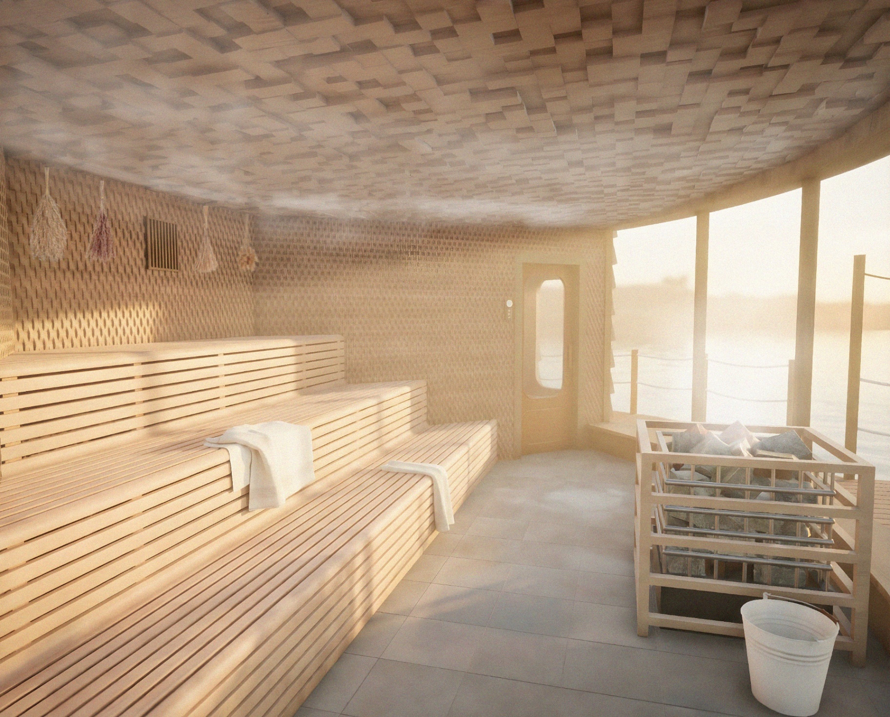 Sauna interior render — benches, heater and fjord view at dusk