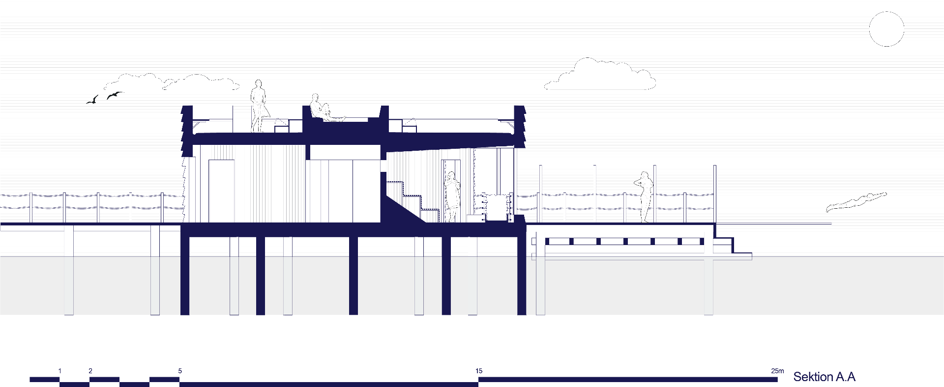 Fjord sauna section A.A with figures and water