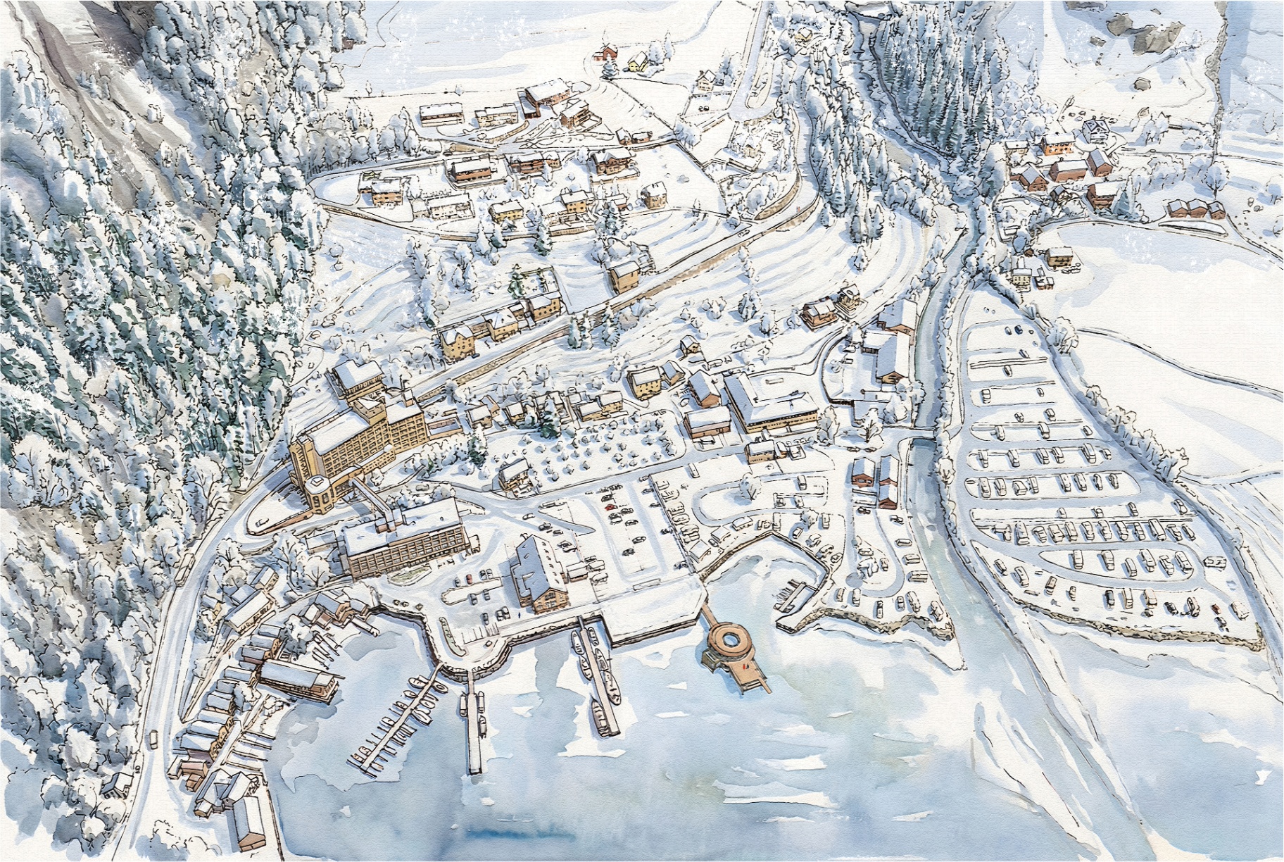 Watercolor aerial view of Geiranger village in winter