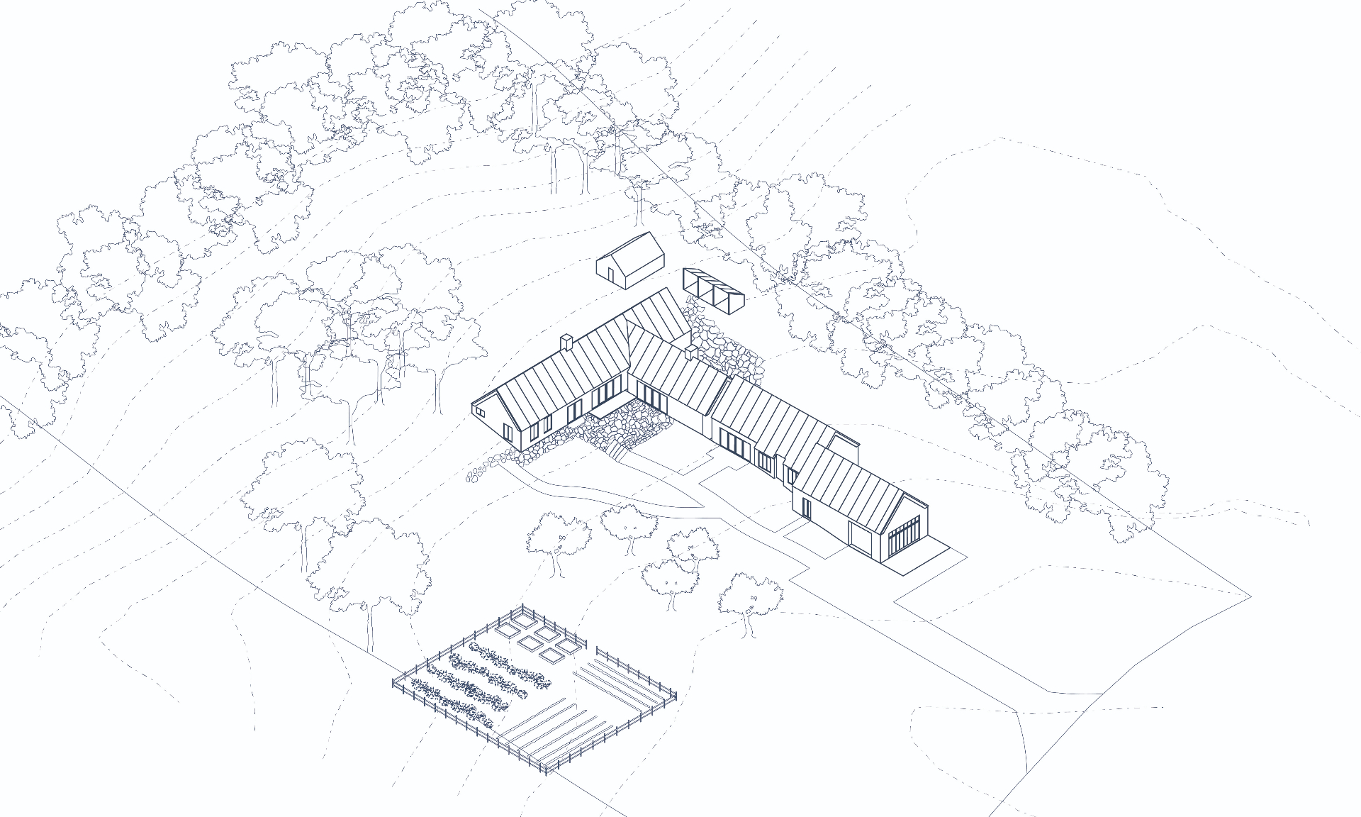 Grönby — Axonometric drawing of house in landscape