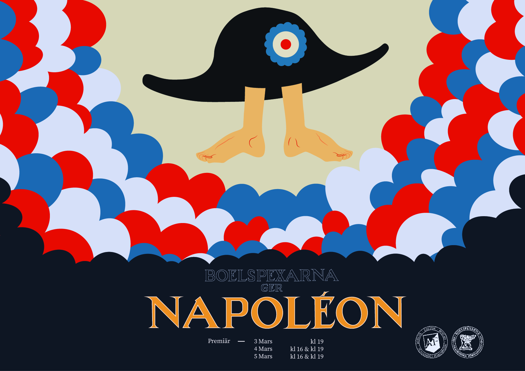 Napoleon poster — bicorne hat and feet emerging from tricolor clouds