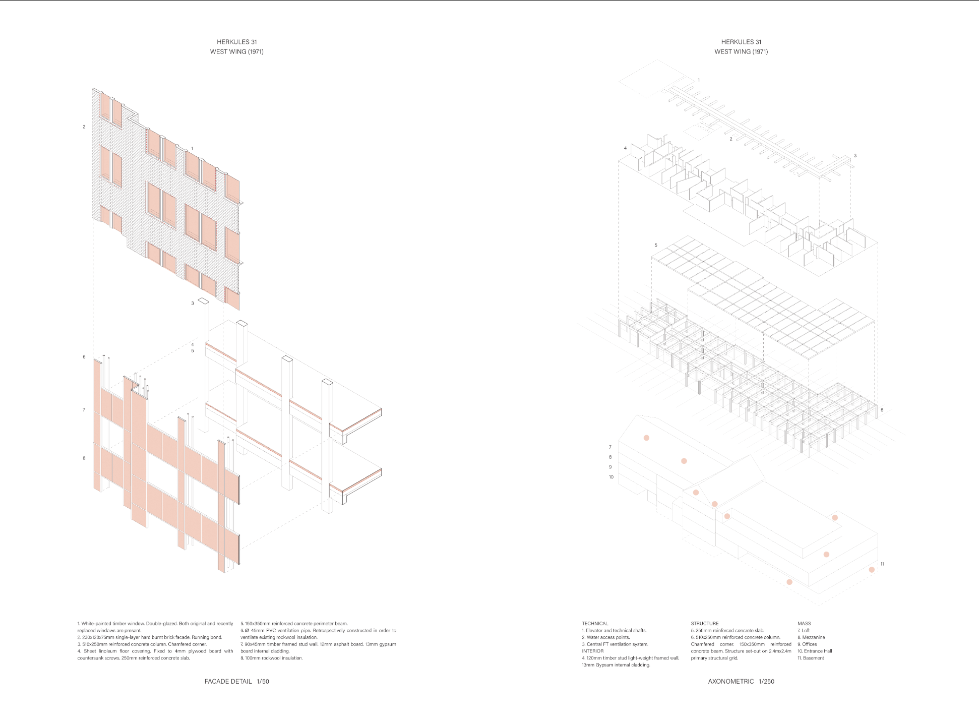 Proteus facade detail 1:50 and axonometric 1:250
