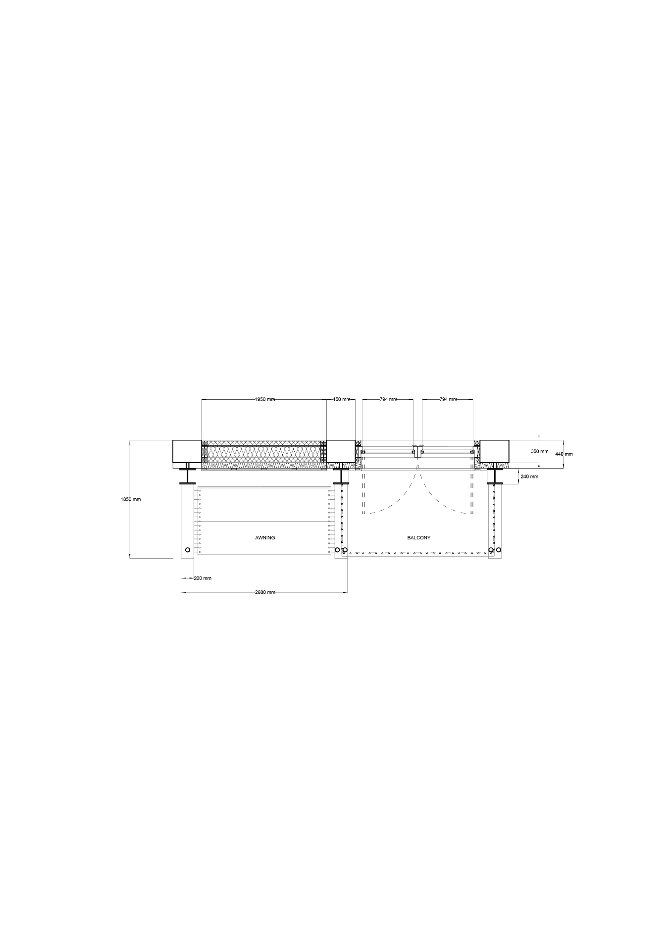 Proteus technical plan section with awning and balcony dimensions
