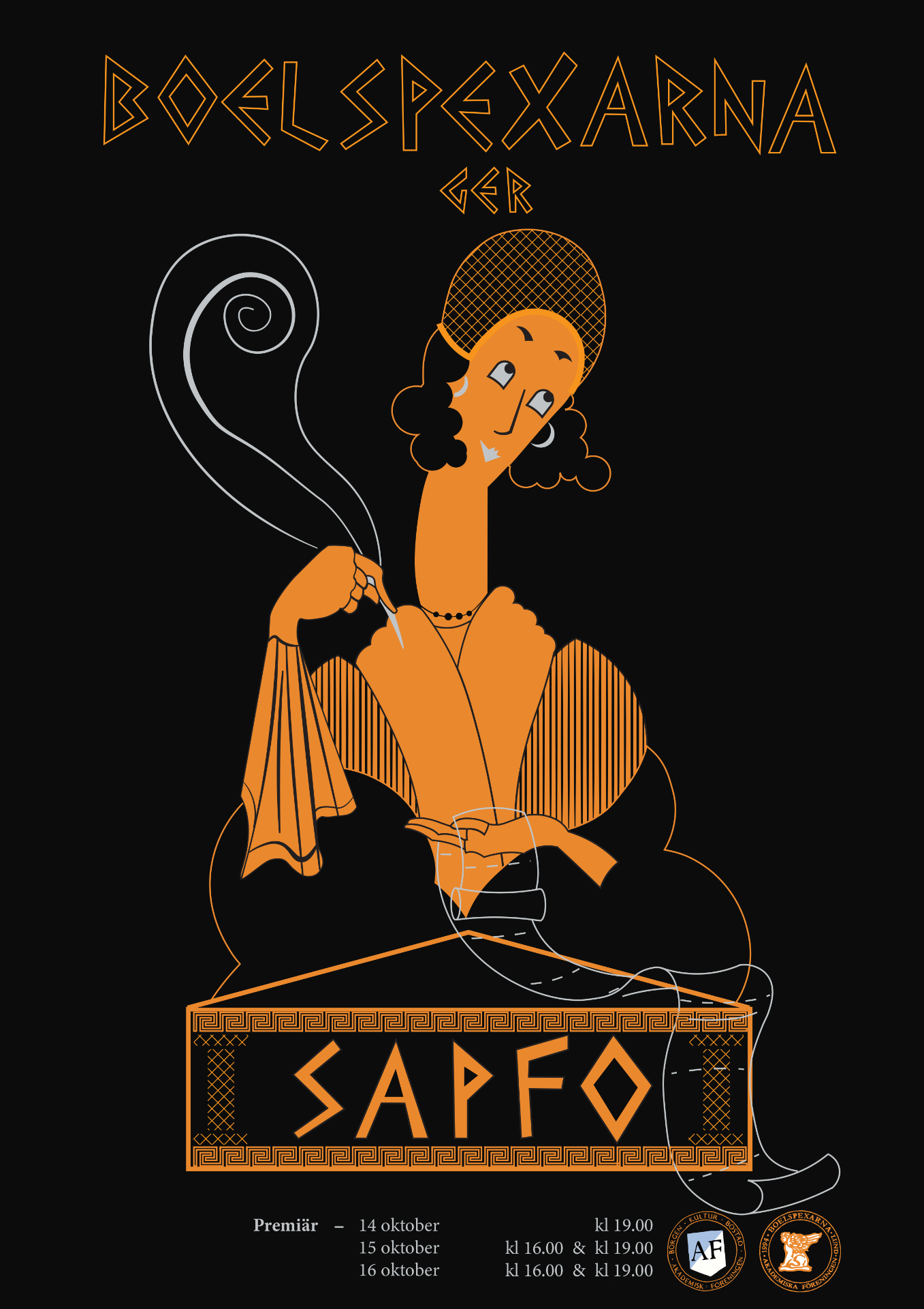 Sapfo poster — orange figure on black with Greek-key frame