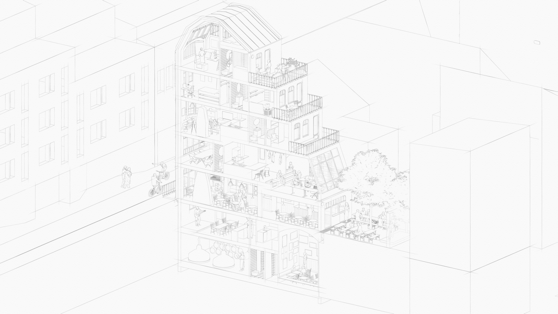 Terrasshim — Axonometric cutaway showing all program levels in urban context