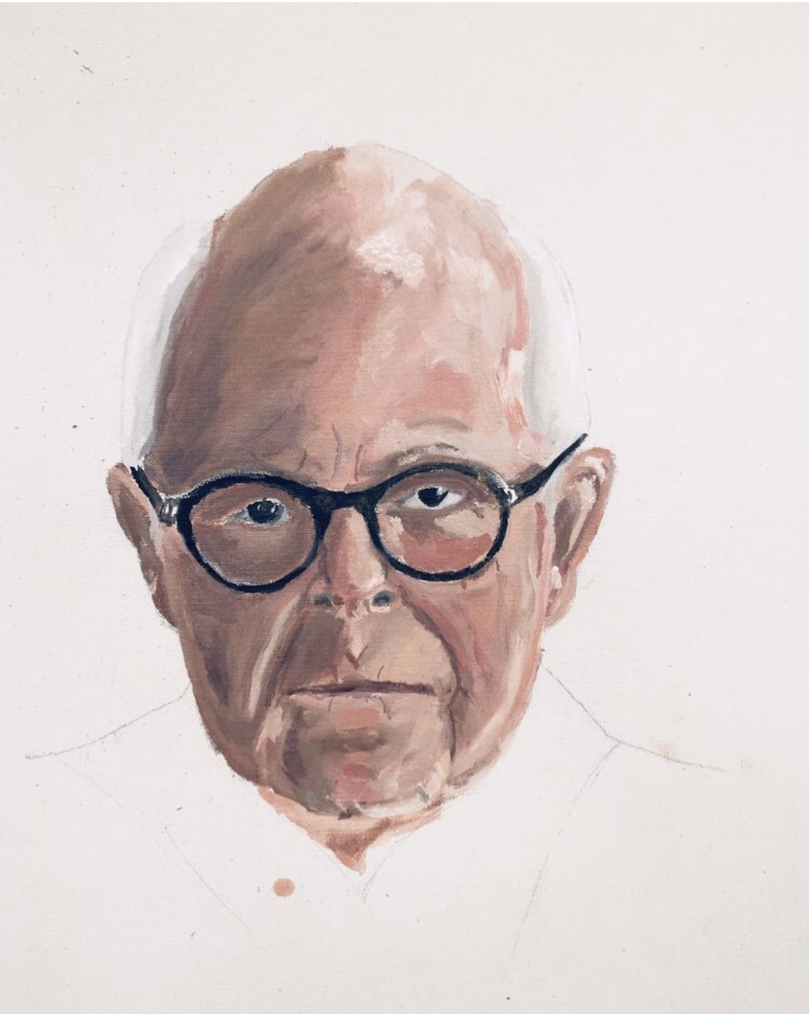 Commissioned oil portrait of Prof. Tom Lundin — bald man with round black glasses